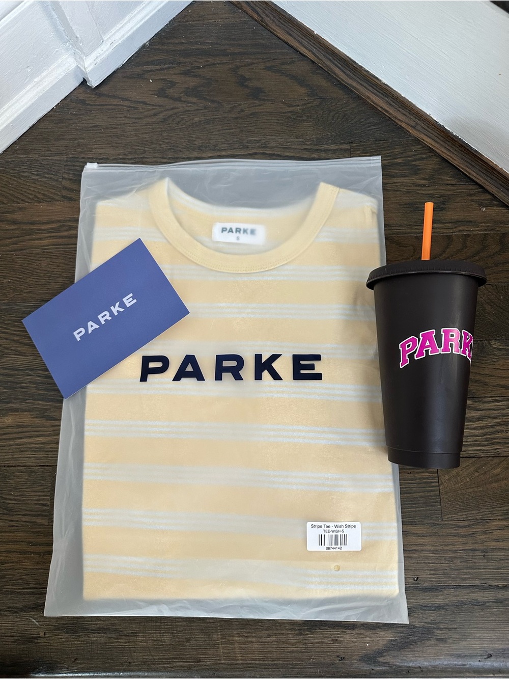 New PARKE Birthday WISH Stripe Tee Shirt  SIZE Small Plus Dunkin Tumbler